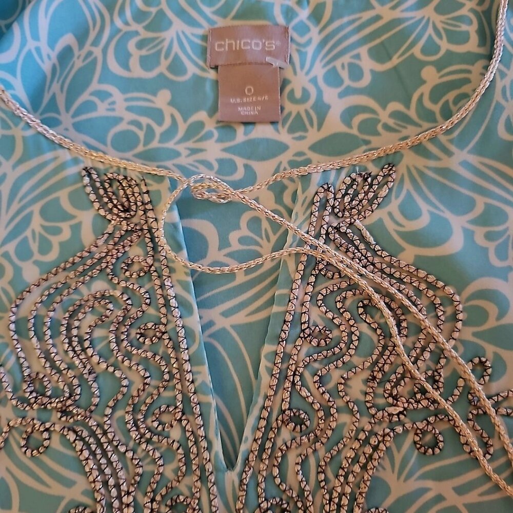 Chico's Blouse Size 0, Top Split neck long sleeves tunic style aqua blue blouse - Picture 3 of 9